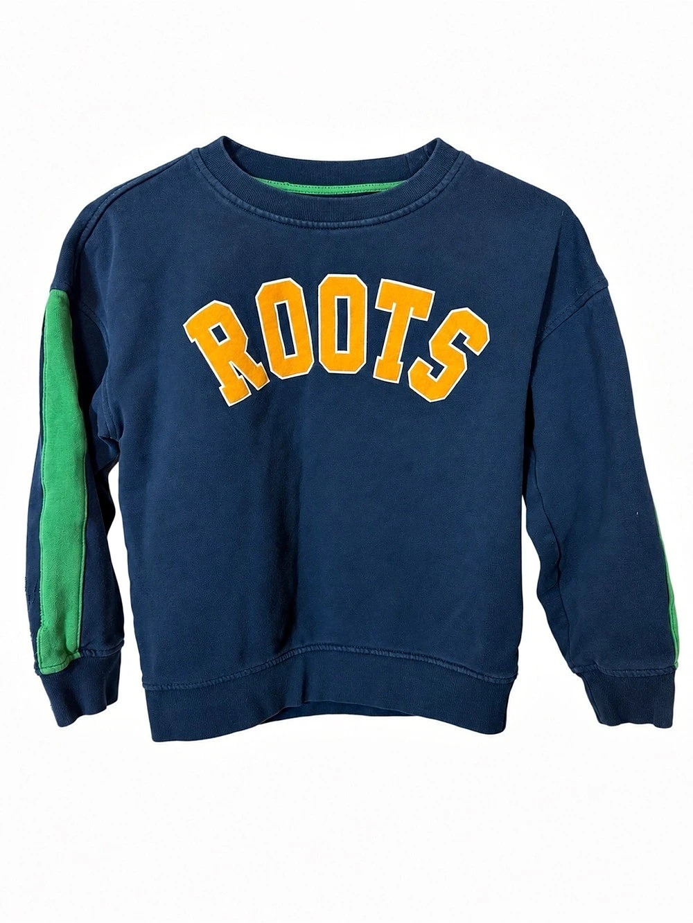Roots Kids Navy Green Varsity Logo Crewneck Sweatshirt L 9/10